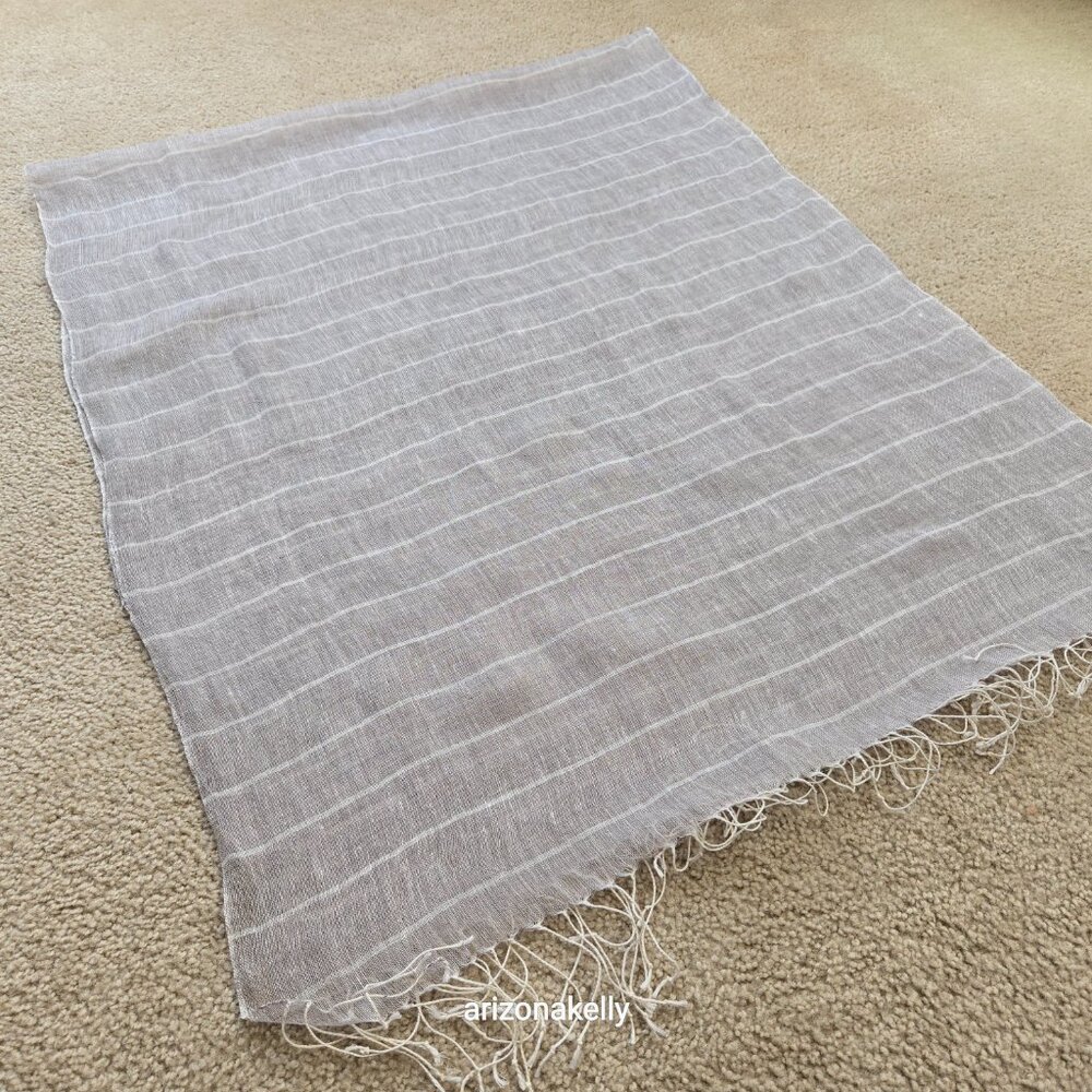 Linen Scarf Tan With White Stripes - Picture 8 of 9